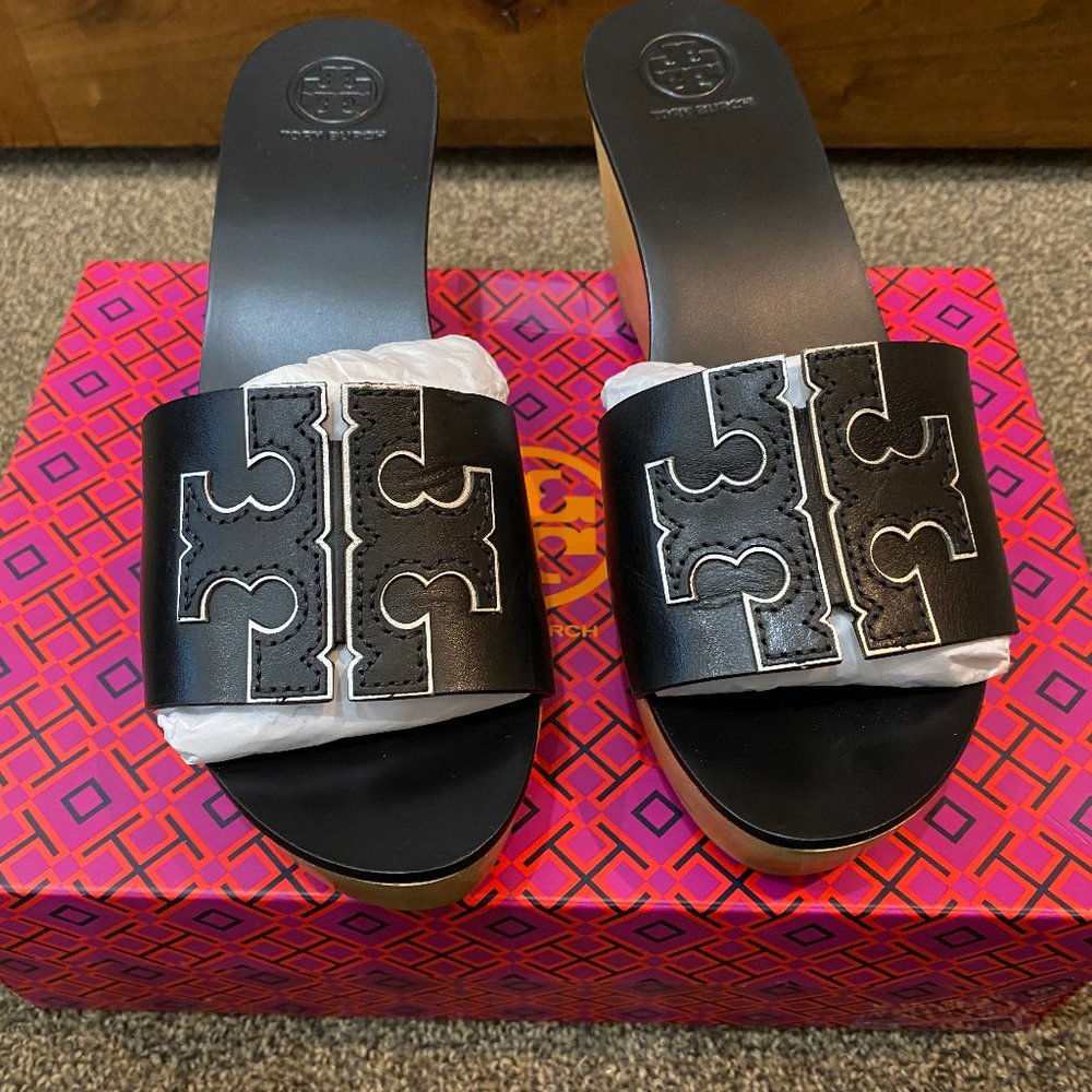 NEW Tory Burch Ines Leather Wedge Slides Black Size 7